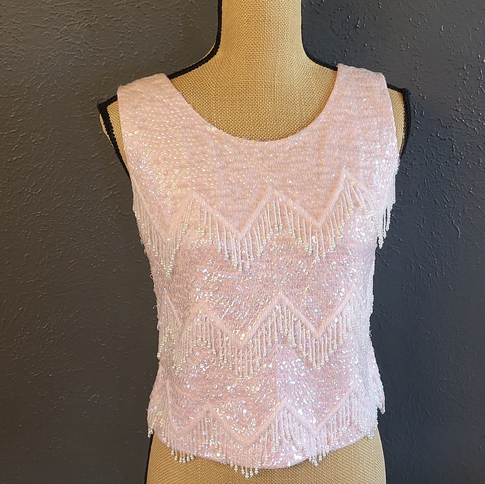 Jeri Jo New York Vintage 60s Pink Wool Beaded Top Size 36 Silk Lining